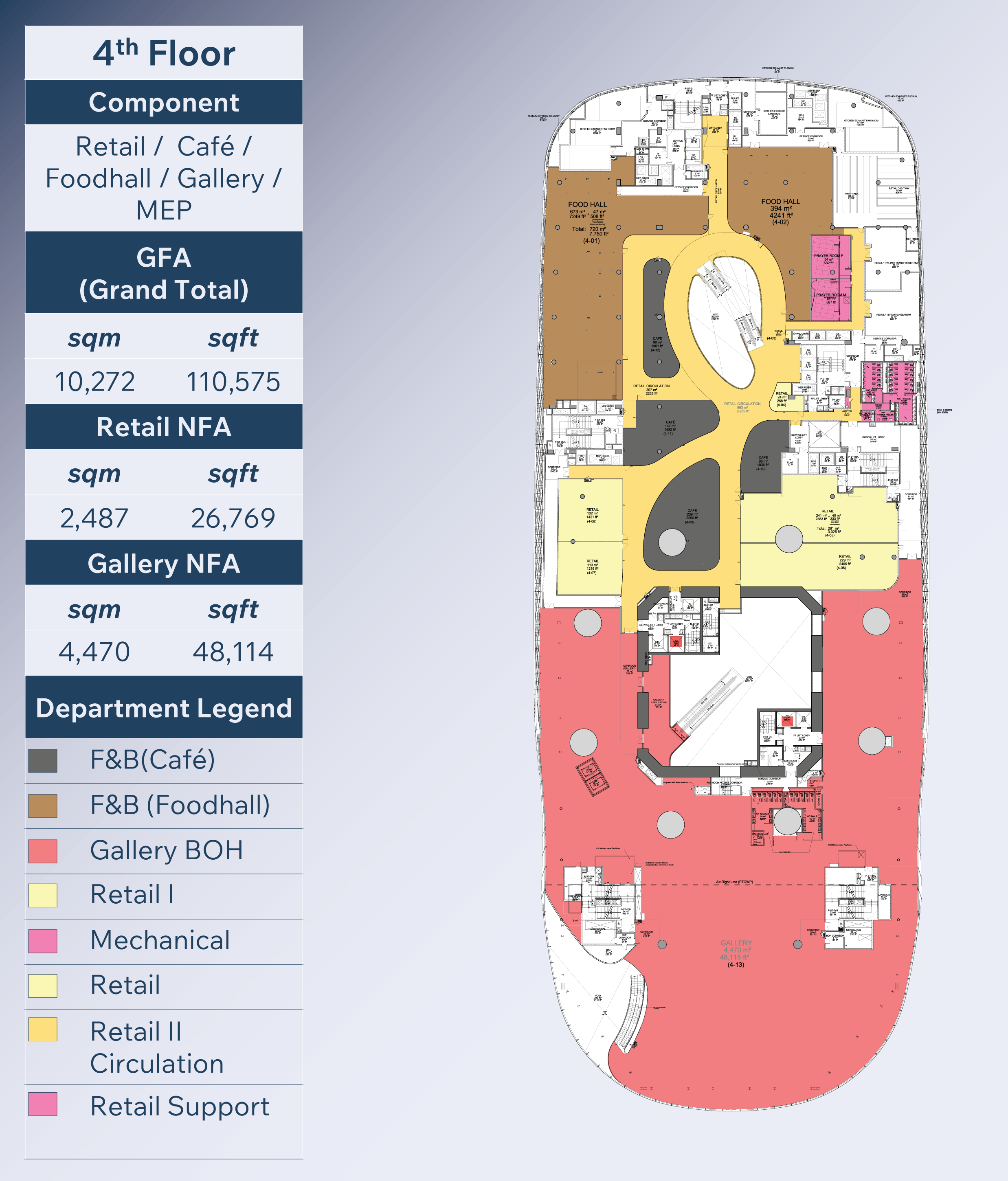 Fourth floor plan featuring food hall and gallery concepts
